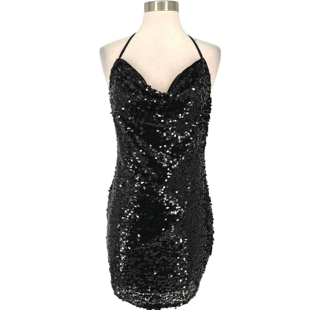 Alythea Champagne Poppin Sequin Cowl Neck Mini Dress Black Size Small NWT